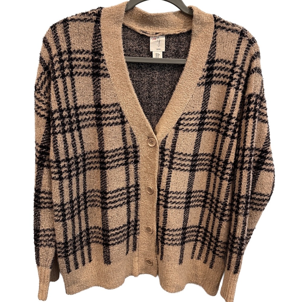 Joie Window Pane Plaid Camel & Black Cardigan Very Soft - Picture 2 of 9